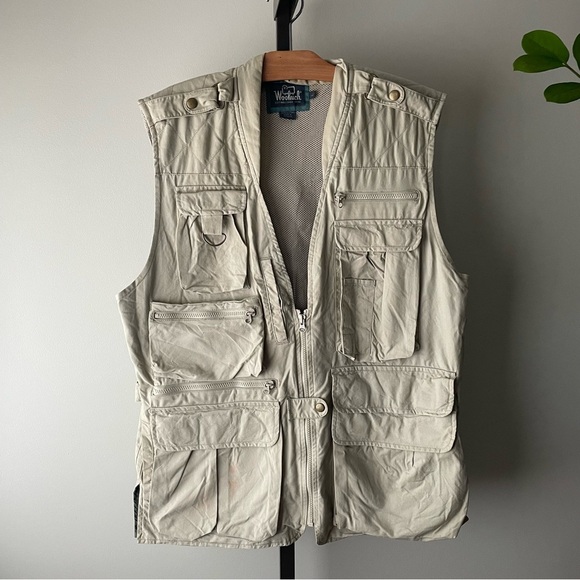 90s Vintage Woolrich Cargo Fishing Hunting Utility Vest Khaki Tan Size Large - Picture 1 of 12